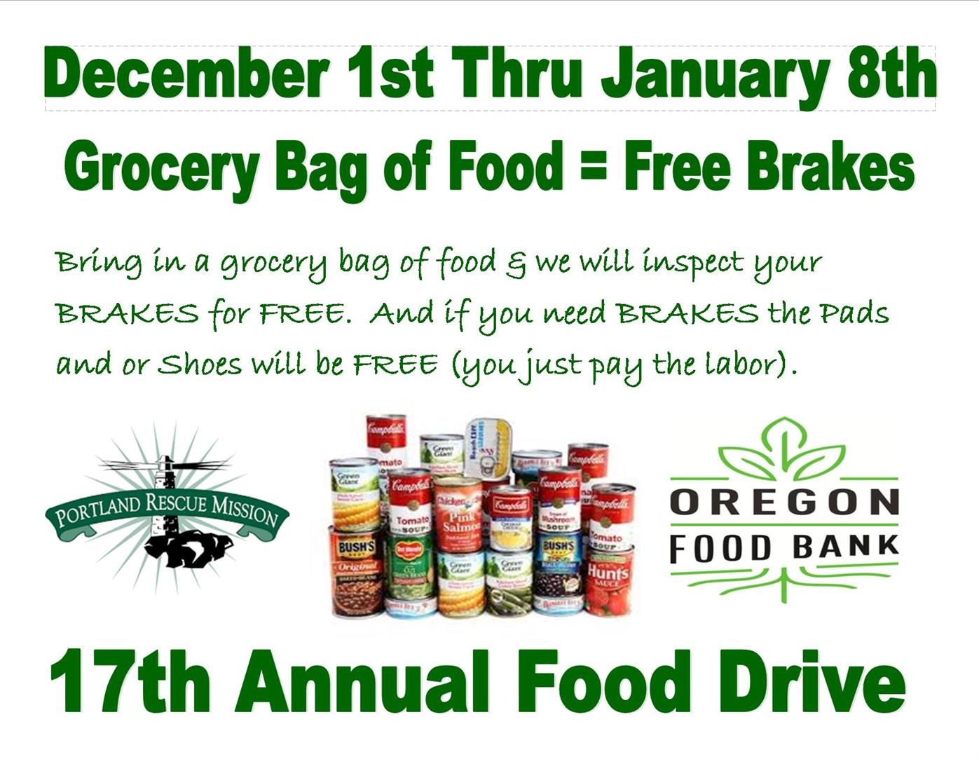 17th year -Free Brakes with a grocery bag of food. 